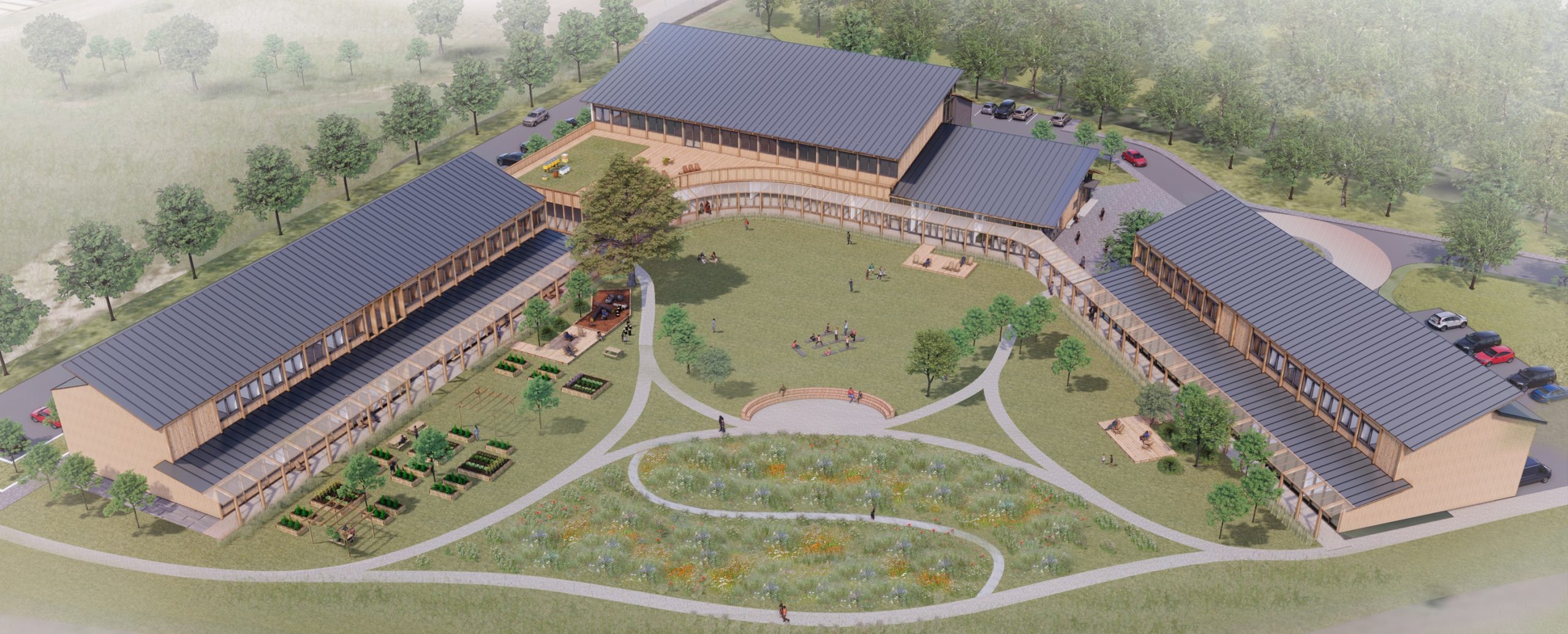 Architectural render of three buildings on a field